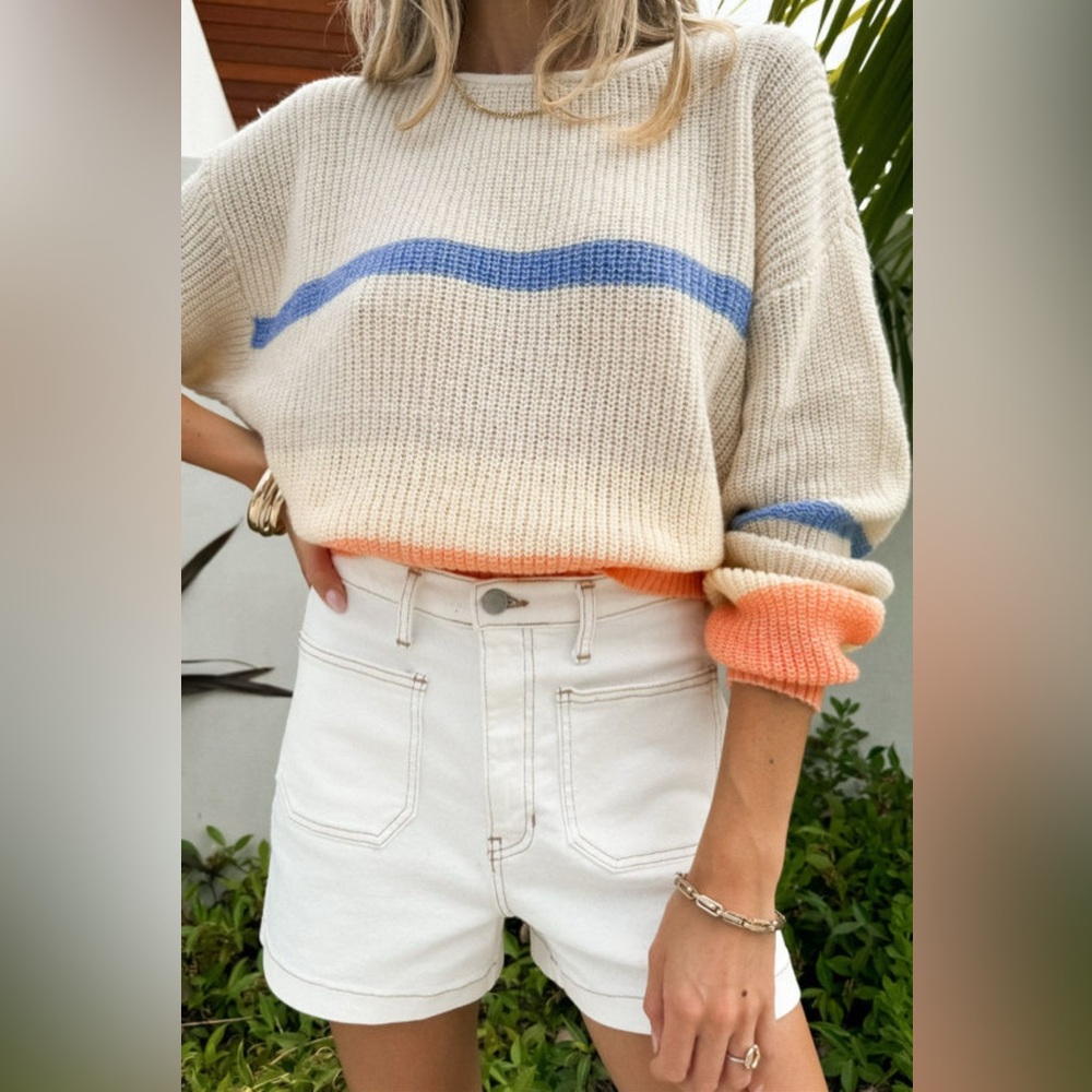 Presley - beige colorblock striped drop shoulder cozy sweater - Picture 3 of 4